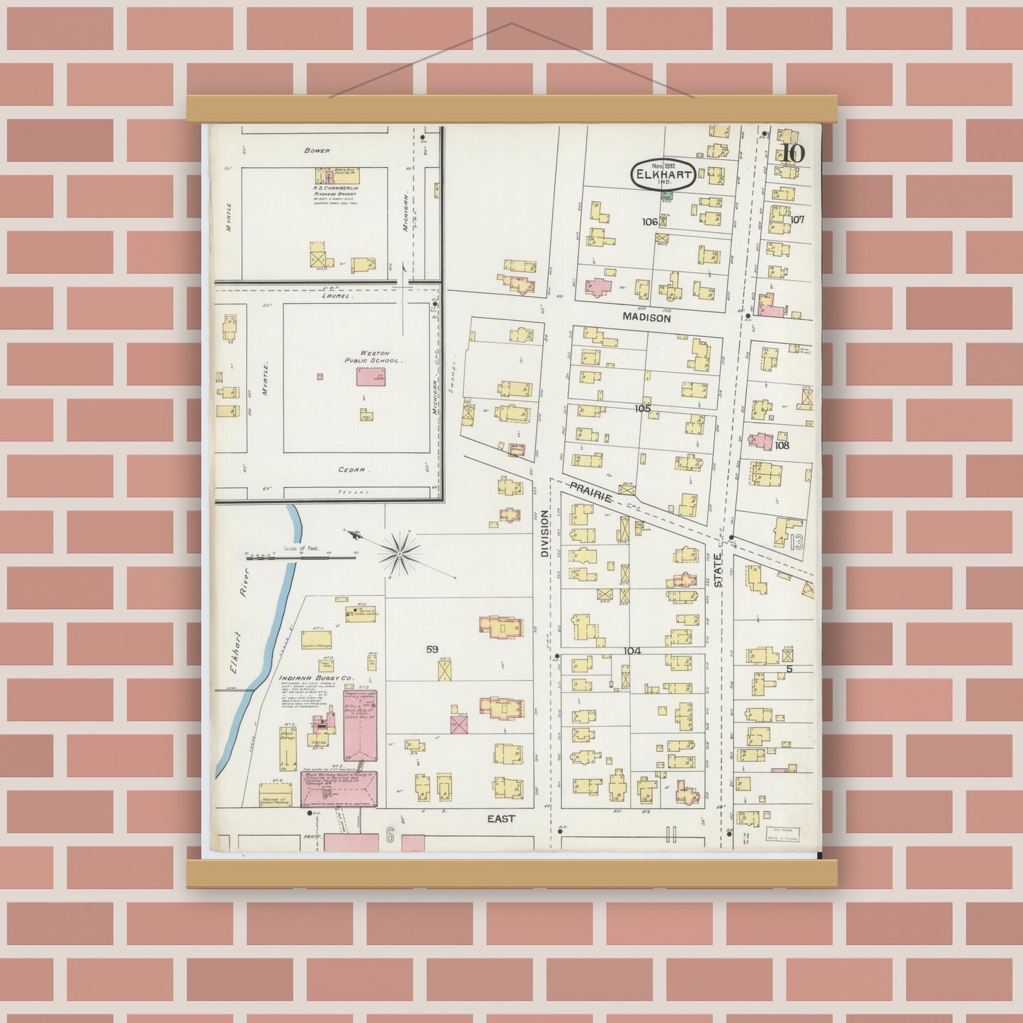 Old map wall art mockup — magnetic wood frame on brick wall — Sanborn Fire Insurance Map from Elkhart, Elkhart County, Indiana (1892), Sheet #0010