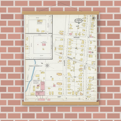 Old map wall art mockup — magnetic wood frame on brick wall — Sanborn Fire Insurance Map from Elkhart, Elkhart County, Indiana (1892), Sheet #0010