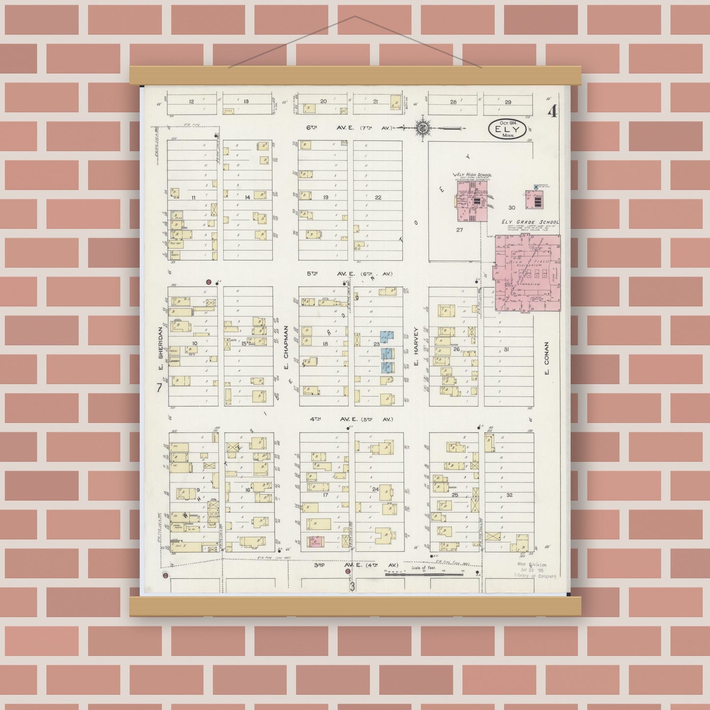 Old map wall art mockup — magnetic wood frame on brick wall — Sanborn Fire Insurance Map from Ely, Saint Louis County, Minnesota (1914), Sheet #0004