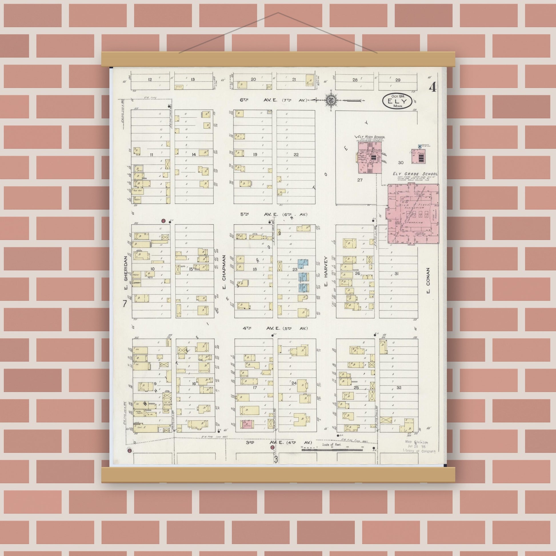 Old map wall art mockup — magnetic wood frame on brick wall — Sanborn Fire Insurance Map from Ely, Saint Louis County, Minnesota (1914), Sheet #0004