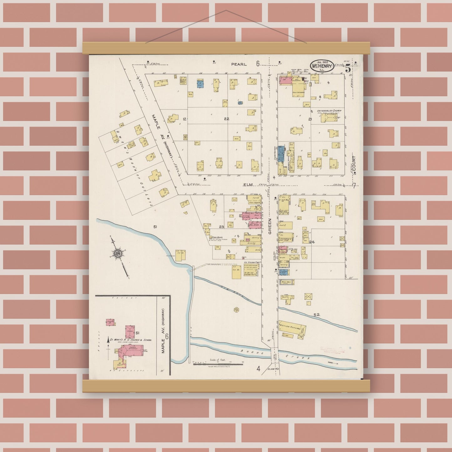 Old map wall art mockup — magnetic wood frame on brick wall — Sanborn Fire Insurance Map from McHenry, McHenry County, Illinois (1922), Sheet #0005