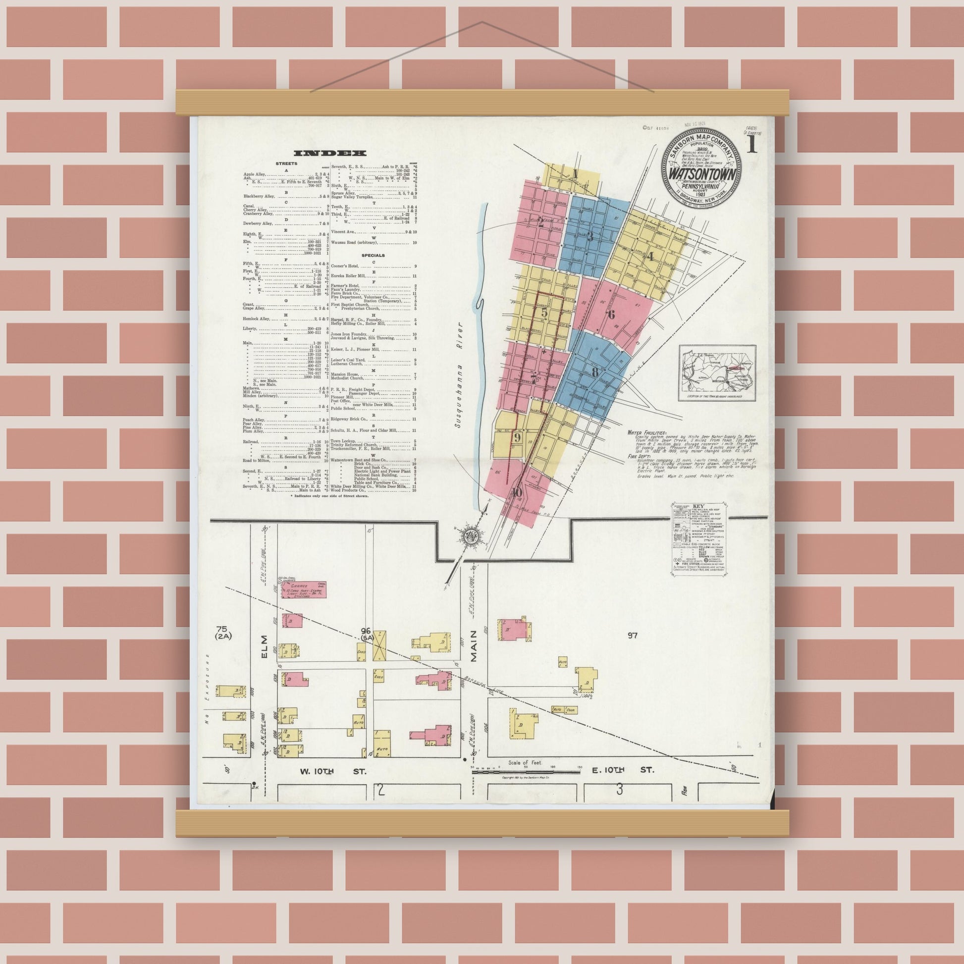 Old map wall art mockup — magnetic wood frame on brick wall — Sanborn Fire Insurance Map from Watsontown, Northumberland County, Pennsylvania (1921) - Complete Map Set