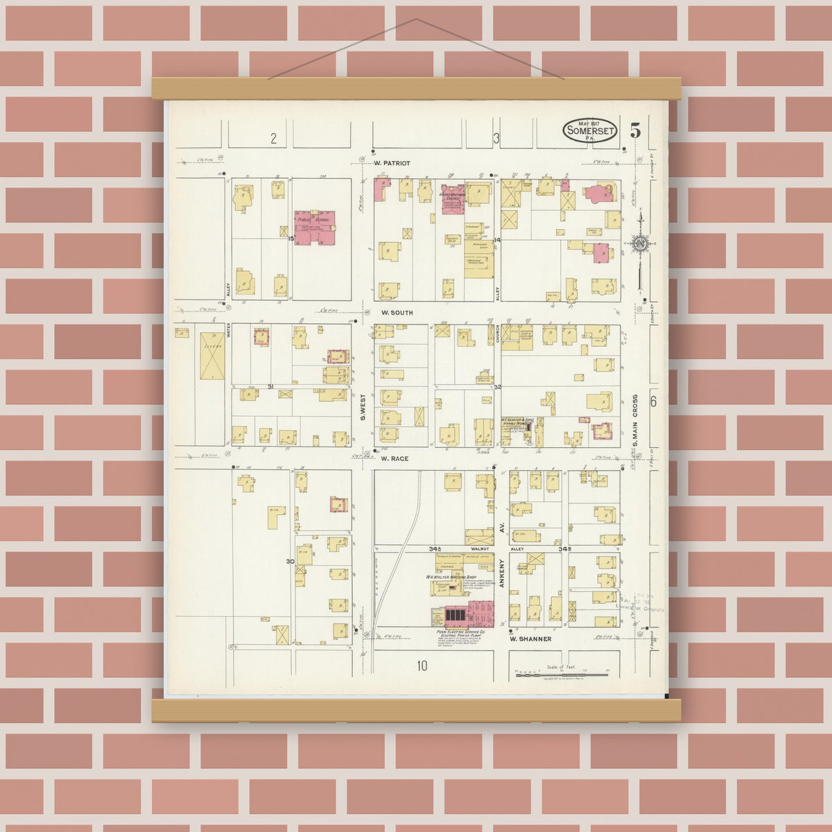 Old map wall art mockup — magnetic wood frame on brick wall — Sanborn Fire Insurance Map from Somerset, Somerset County, Pennsylvania (1917), Sheet #0005