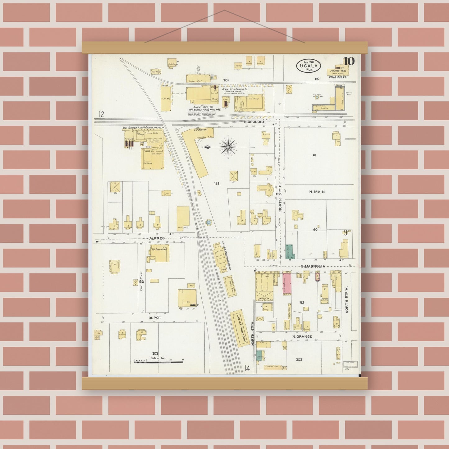 Old map wall art mockup — magnetic wood frame on brick wall — Sanborn Fire Insurance Map from Ocala, Marion County, Florida (1906), Sheet #0010