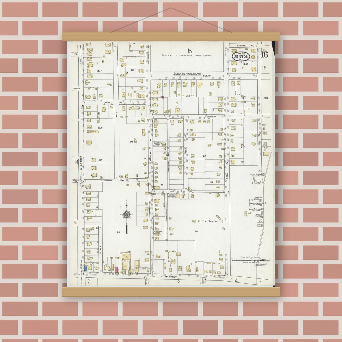Old map wall art mockup — magnetic wood frame on brick wall — Sanborn Fire Insurance Map from Denton, Denton County, Texas (1921), Sheet #0016