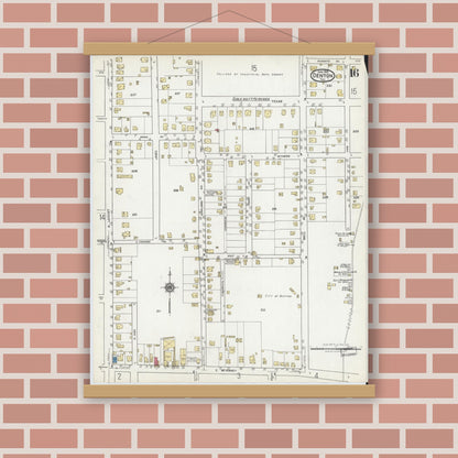 Old map wall art mockup — magnetic wood frame on brick wall — Sanborn Fire Insurance Map from Denton, Denton County, Texas (1921), Sheet #0016