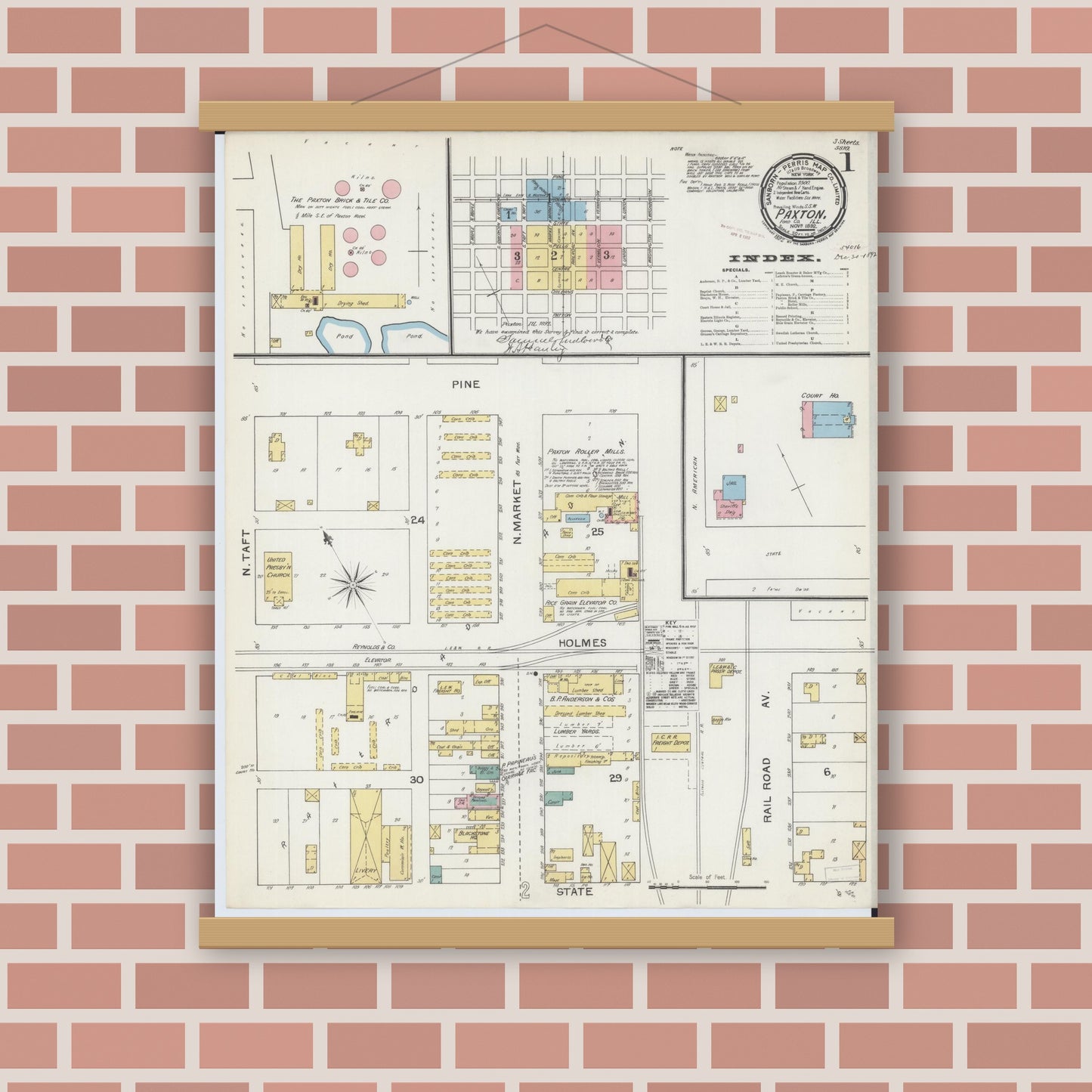 Old map wall art mockup — magnetic wood frame on brick wall — Sanborn Fire Insurance Map from Paxton, Ford County, Illinois (1892) - Complete Map Set