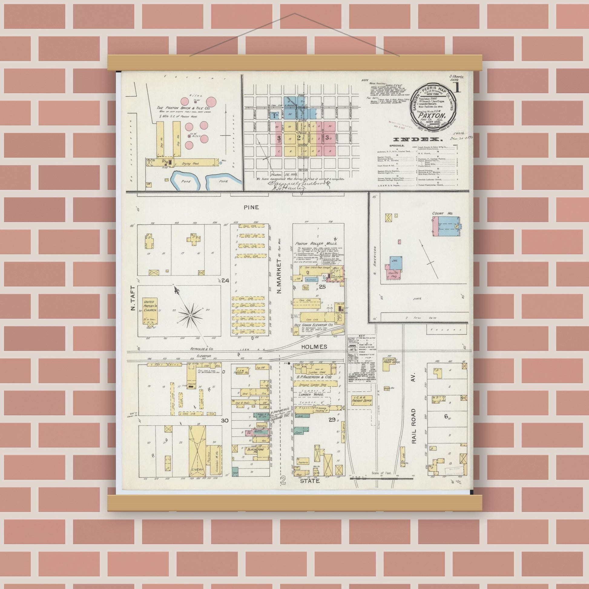 Old map wall art mockup — magnetic wood frame on brick wall — Sanborn Fire Insurance Map from Paxton, Ford County, Illinois (1892) - Complete Map Set