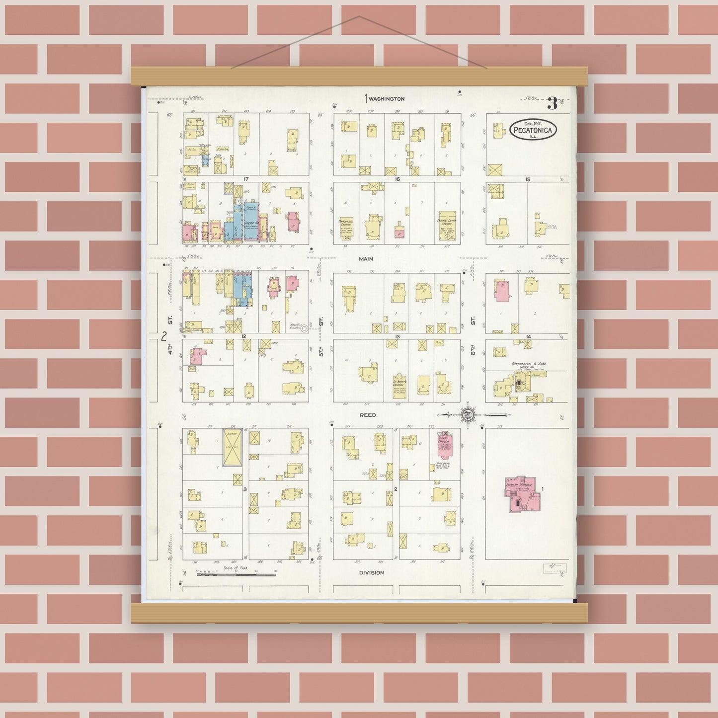 Old map wall art mockup — magnetic wood frame on brick wall — Sanborn Fire Insurance Map from Pecatonica, Winnebago County, Illinois (1912), Sheet #0003