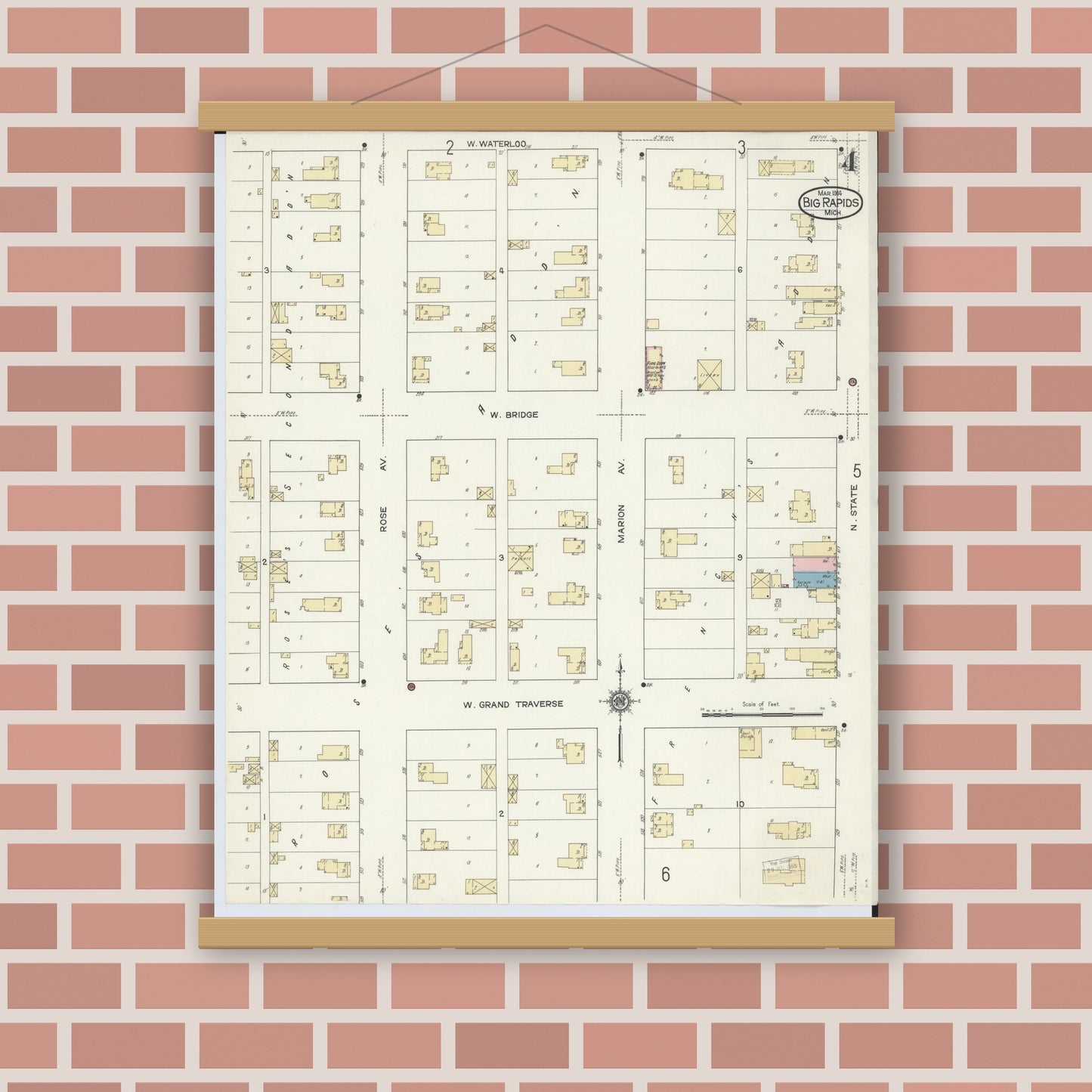 Old map wall art mockup — magnetic wood frame on brick wall — Sanborn Fire Insurance Map from Big Rapids, Mecosta County, Michigan (1914), Sheet #0004