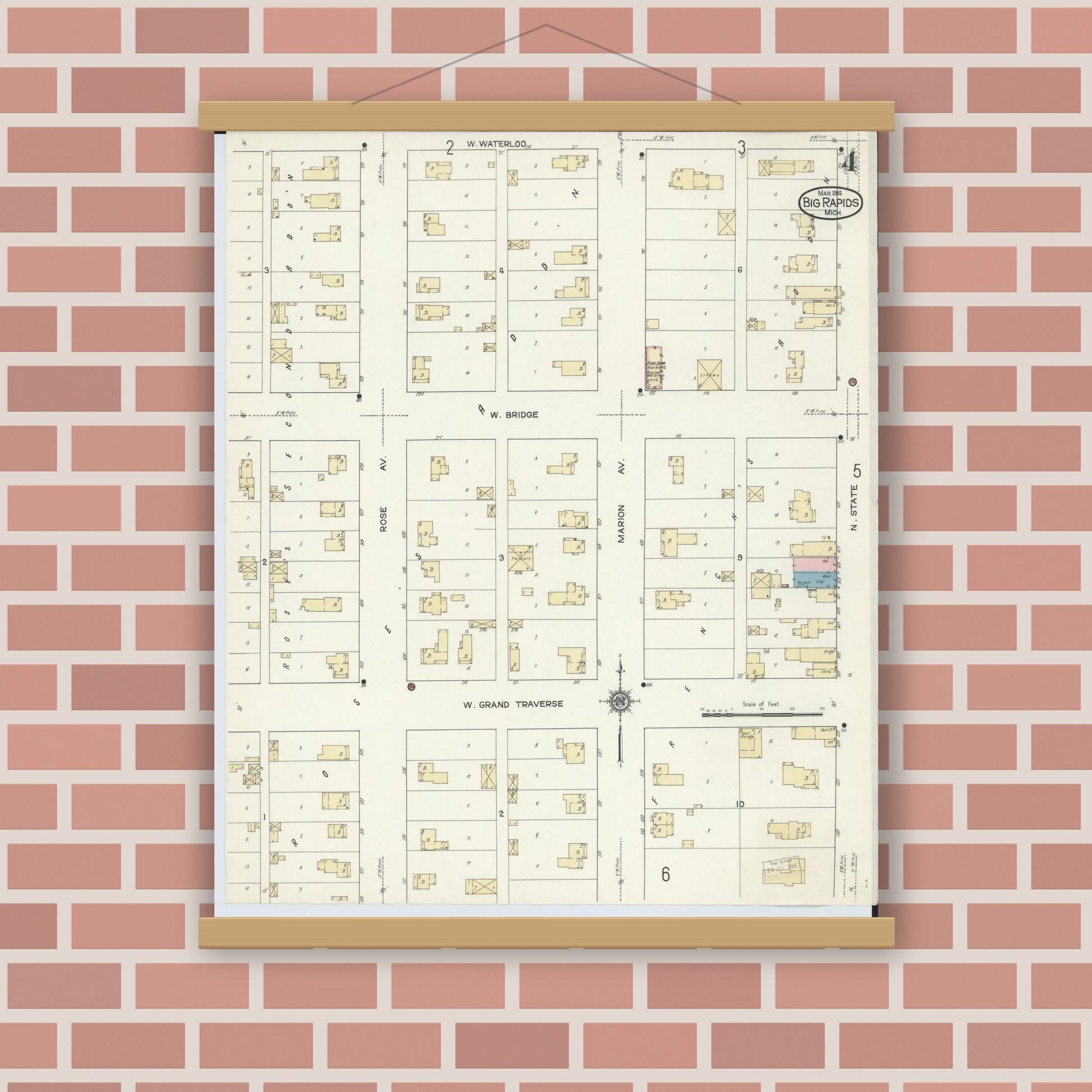 Old map wall art mockup — magnetic wood frame on brick wall — Sanborn Fire Insurance Map from Big Rapids, Mecosta County, Michigan (1914), Sheet #0004