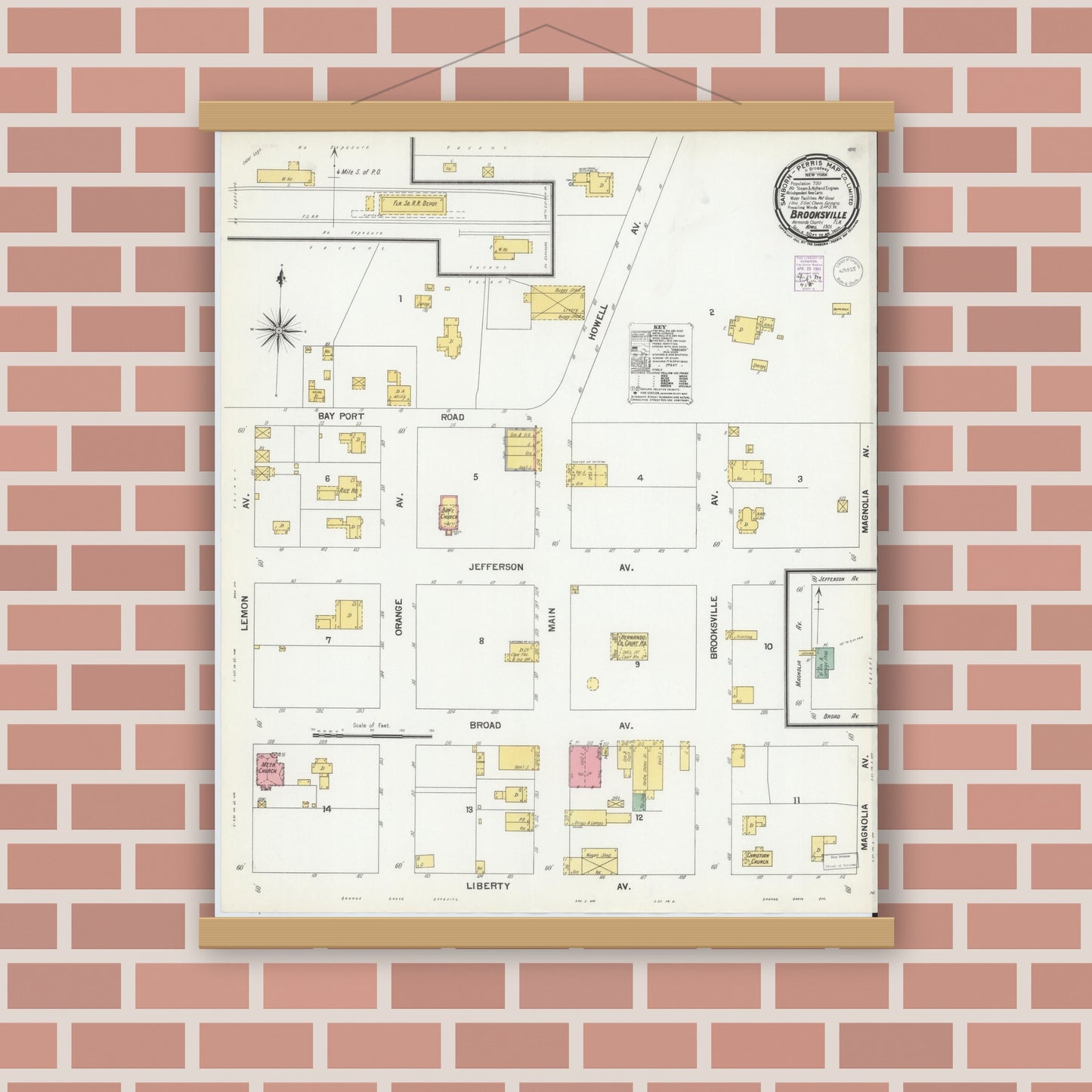 Old map wall art mockup — magnetic wood frame on brick wall — Sanborn Fire Insurance Map from Brooksville, Hernando County, Florida (1901), Sheet #0001