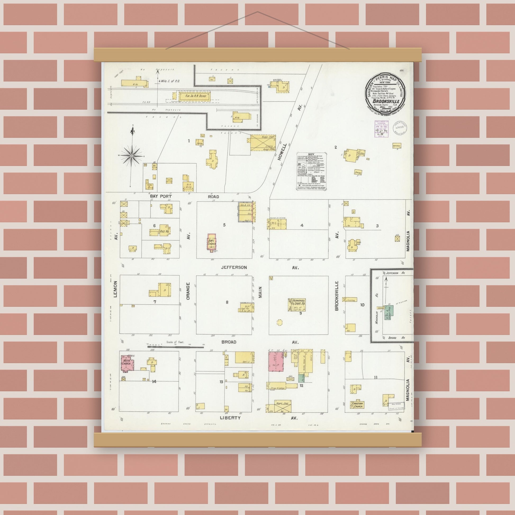 Old map wall art mockup — magnetic wood frame on brick wall — Sanborn Fire Insurance Map from Brooksville, Hernando County, Florida (1901), Sheet #0001