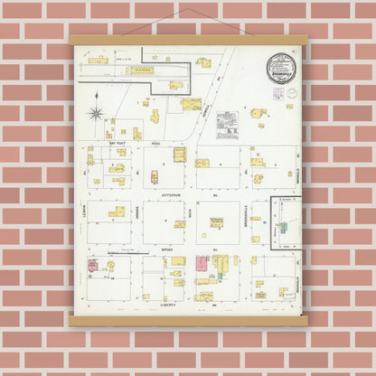 Old map wall art mockup — magnetic wood frame on brick wall — Sanborn Fire Insurance Map from Brooksville, Hernando County, Florida (1901), Sheet #0001