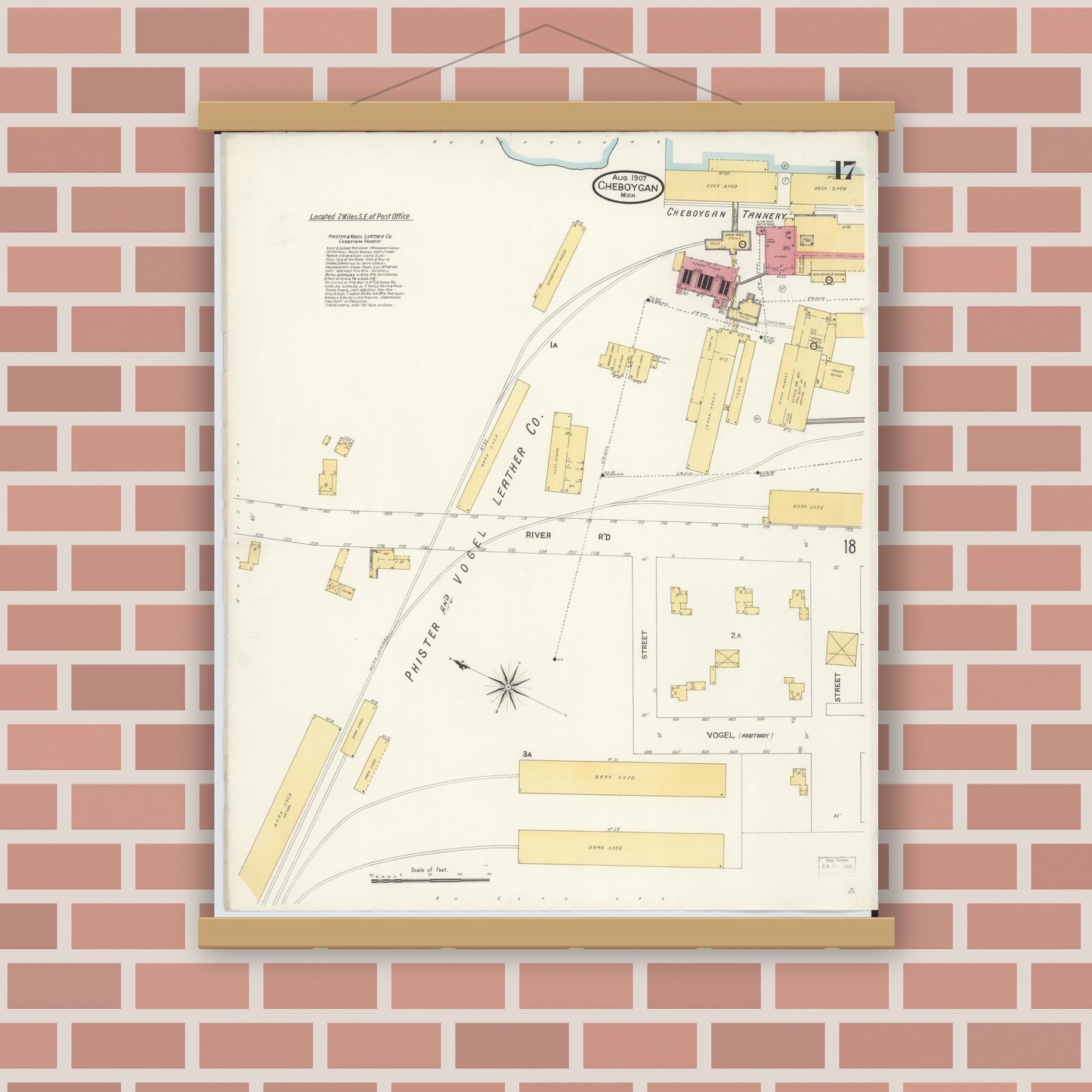 Old map wall art mockup — magnetic wood frame on brick wall — Sanborn Fire Insurance Map from Cheboygan, Cheboygan County, Michigan (1907), Sheet #0017