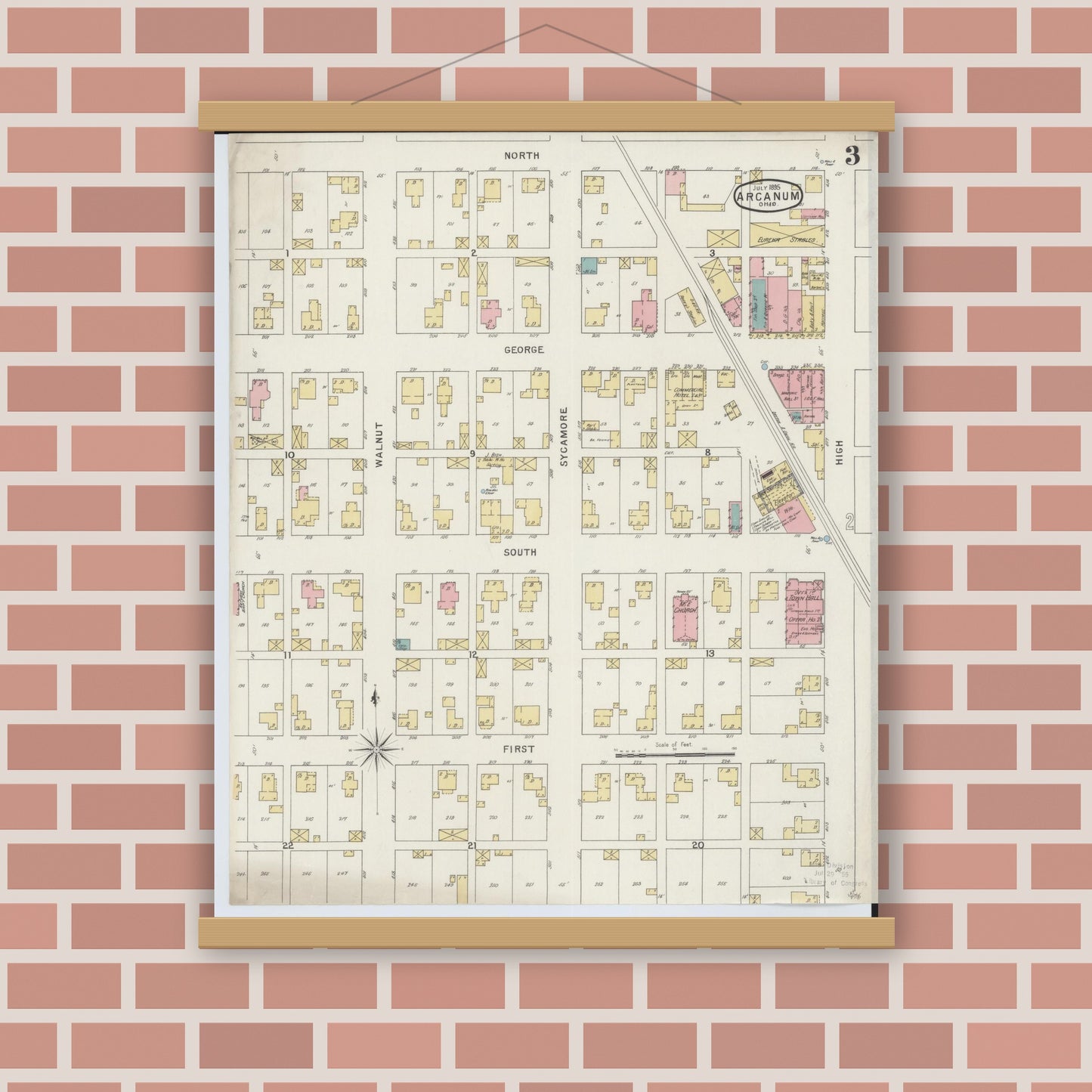 Old map wall art mockup — magnetic wood frame on brick wall — Sanborn Fire Insurance Map from Arcanum, Darke County, Ohio (1895), Sheet #0003