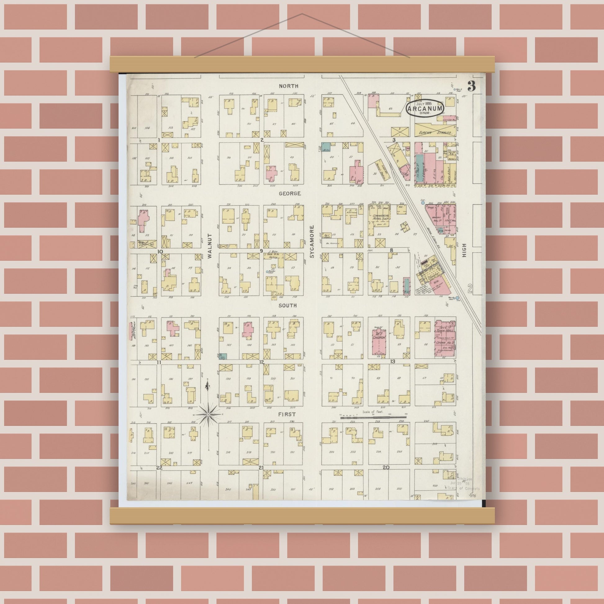 Old map wall art mockup — magnetic wood frame on brick wall — Sanborn Fire Insurance Map from Arcanum, Darke County, Ohio (1895), Sheet #0003