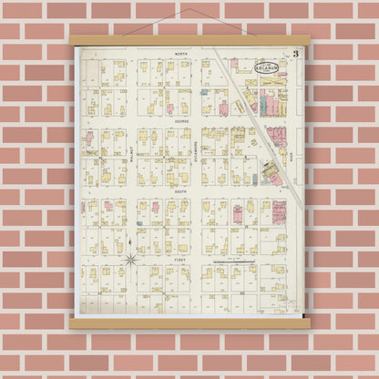 Old map wall art mockup — magnetic wood frame on brick wall — Sanborn Fire Insurance Map from Arcanum, Darke County, Ohio (1895), Sheet #0003