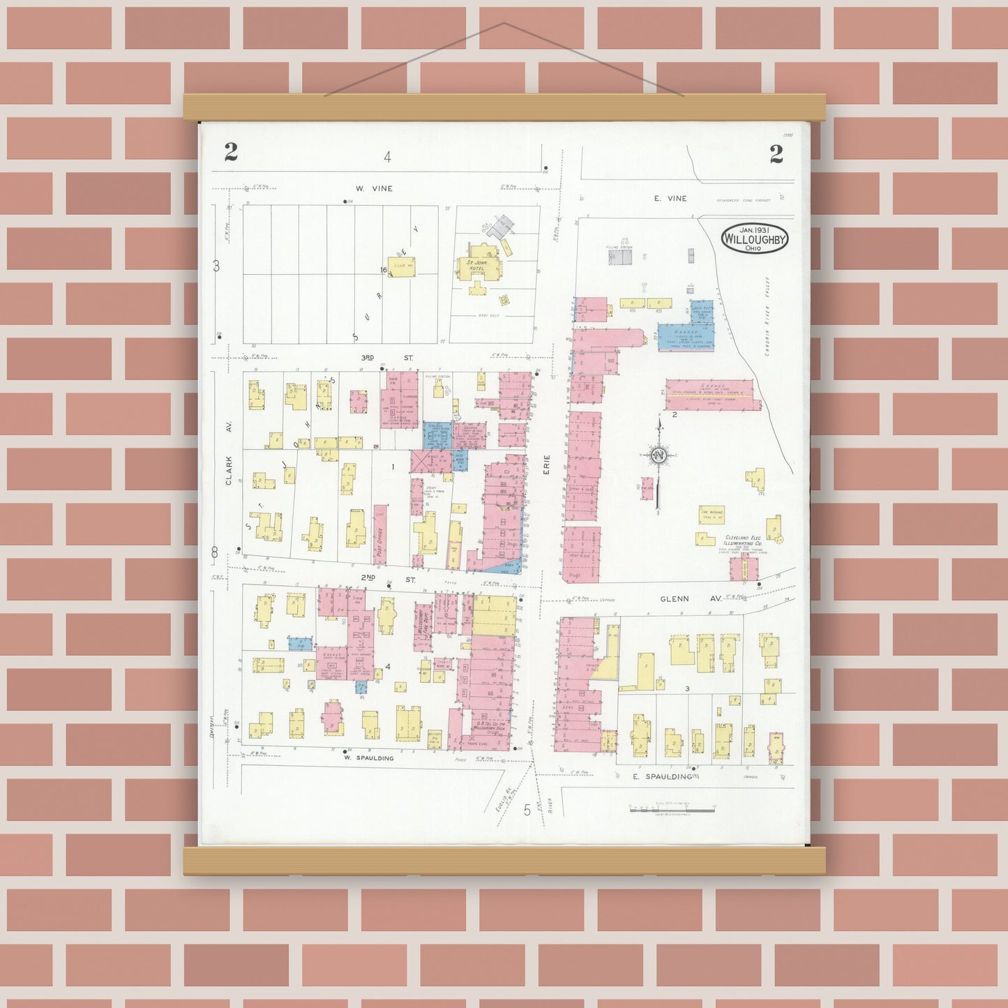 Old map wall art mockup — magnetic wood frame on brick wall — Sanborn Fire Insurance Map from Willoughby, Lake County, Ohio (1931), Sheet #0002