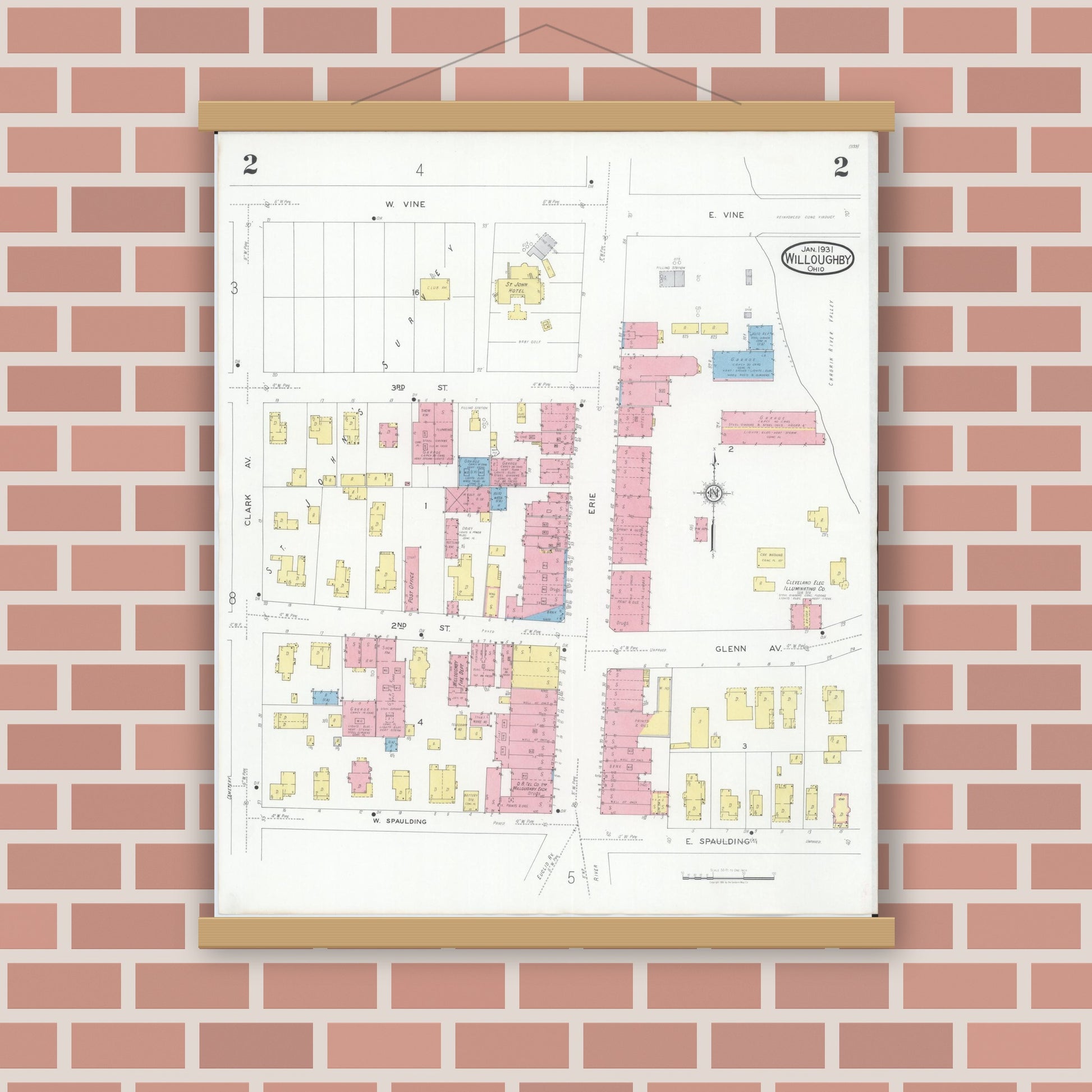Old map wall art mockup — magnetic wood frame on brick wall — Sanborn Fire Insurance Map from Willoughby, Lake County, Ohio (1931), Sheet #0002
