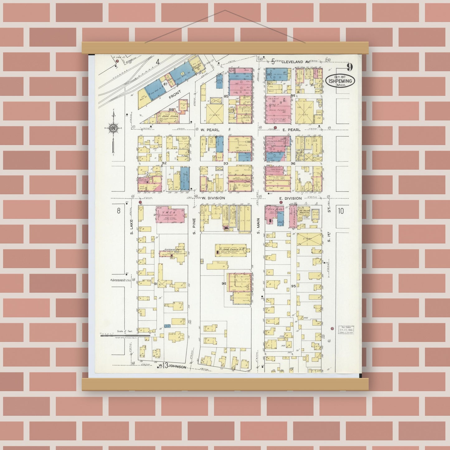 Old map wall art mockup — magnetic wood frame on brick wall — Sanborn Fire Insurance Map from Ishpeming, Marquette County, Michigan (1917), Sheet #0009