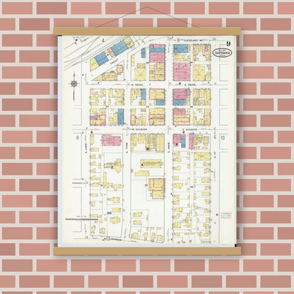 Old map wall art mockup — magnetic wood frame on brick wall — Sanborn Fire Insurance Map from Ishpeming, Marquette County, Michigan (1917), Sheet #0009