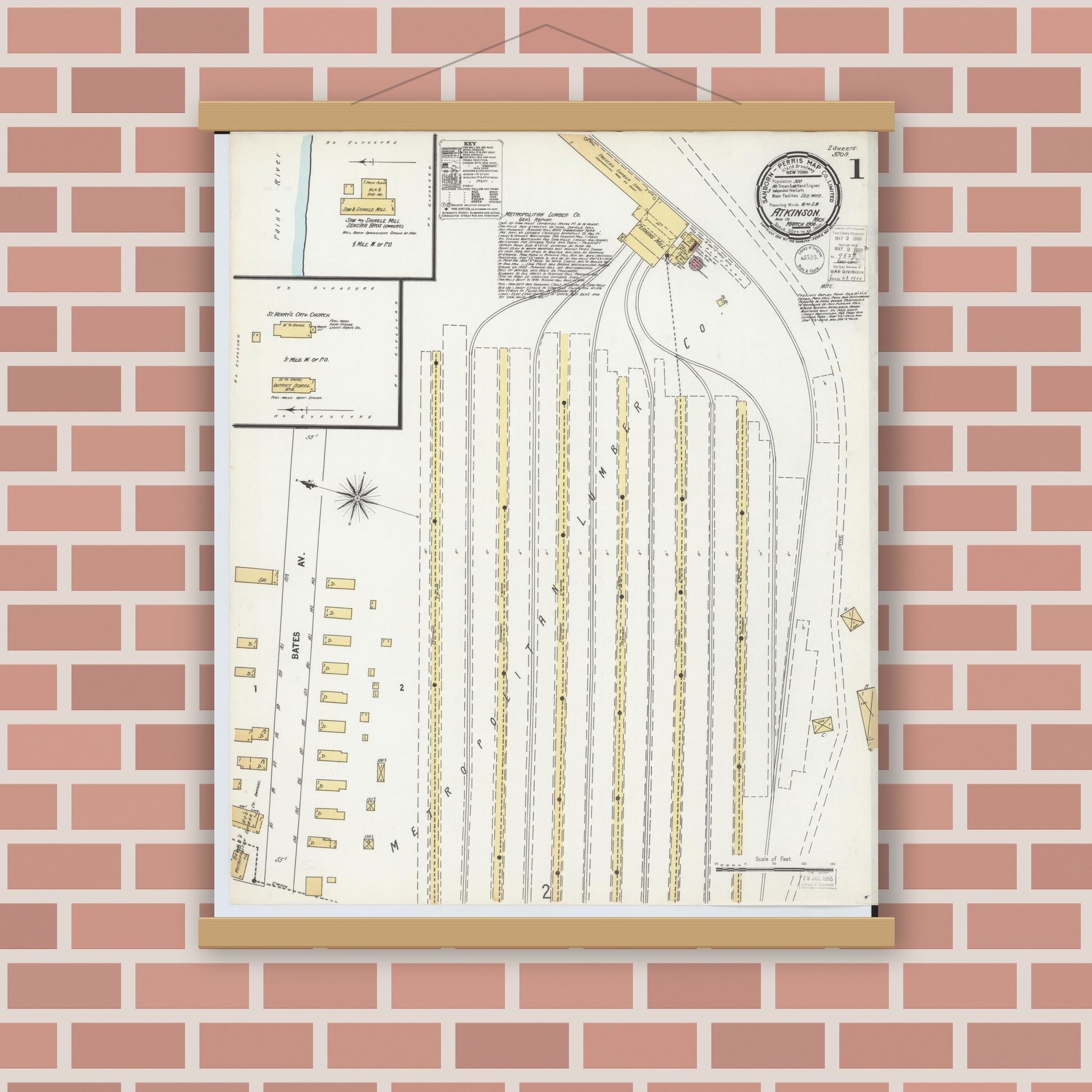Old map wall art mockup — magnetic wood frame on brick wall — Sanborn Fire Insurance Map from Atkinson, Iron County, Michigan (1900), Sheet #0001