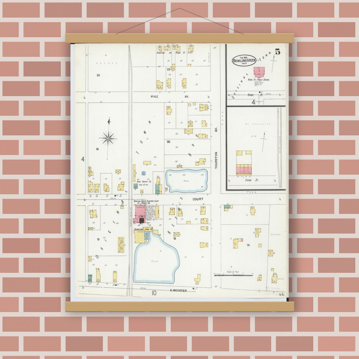 Old map wall art mockup — magnetic wood frame on brick wall — Sanborn Fire Insurance Map from Bowling Green, Wood County, Ohio (1900), Sheet #0005