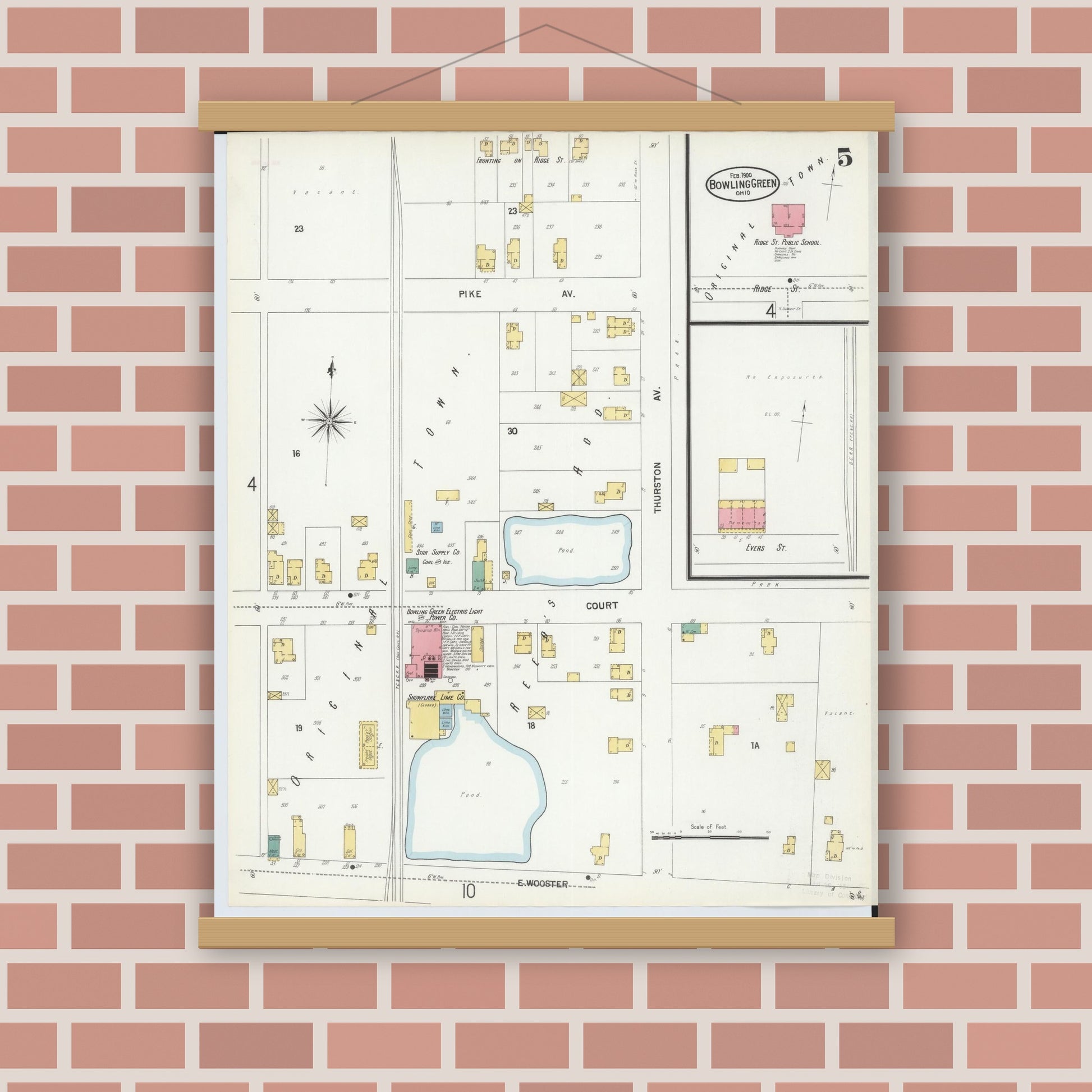 Old map wall art mockup — magnetic wood frame on brick wall — Sanborn Fire Insurance Map from Bowling Green, Wood County, Ohio (1900), Sheet #0005