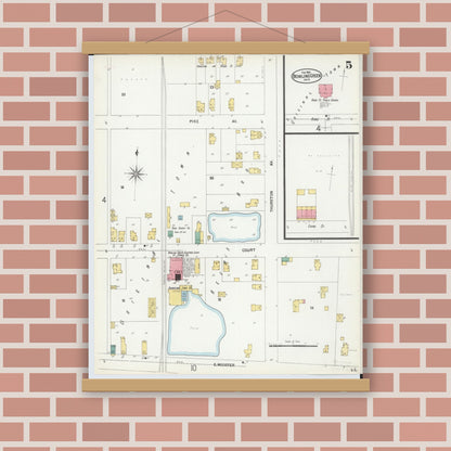 Old map wall art mockup — magnetic wood frame on brick wall — Sanborn Fire Insurance Map from Bowling Green, Wood County, Ohio (1900), Sheet #0005