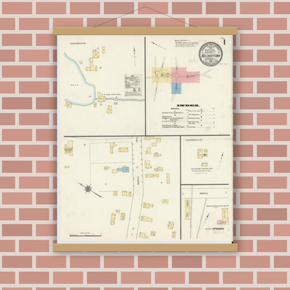 Old map wall art mockup — magnetic wood frame on brick wall — Sanborn Fire Insurance Map from Belchertown, Hampshire County, Massachusetts (1910) - Complete Map Set