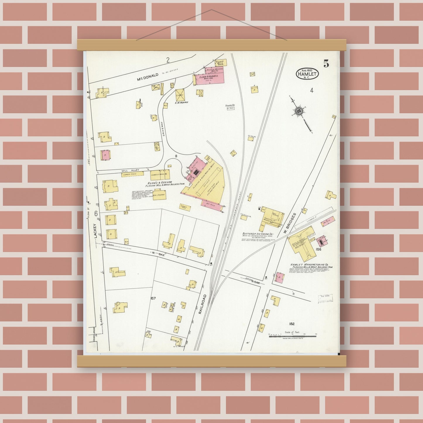 Old map wall art mockup — magnetic wood frame on brick wall — Sanborn Fire Insurance Map from Hamlet, Richmond County, North Carolina (1920), Sheet #0005