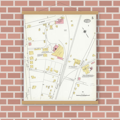 Old map wall art mockup — magnetic wood frame on brick wall — Sanborn Fire Insurance Map from Hamlet, Richmond County, North Carolina (1920), Sheet #0005