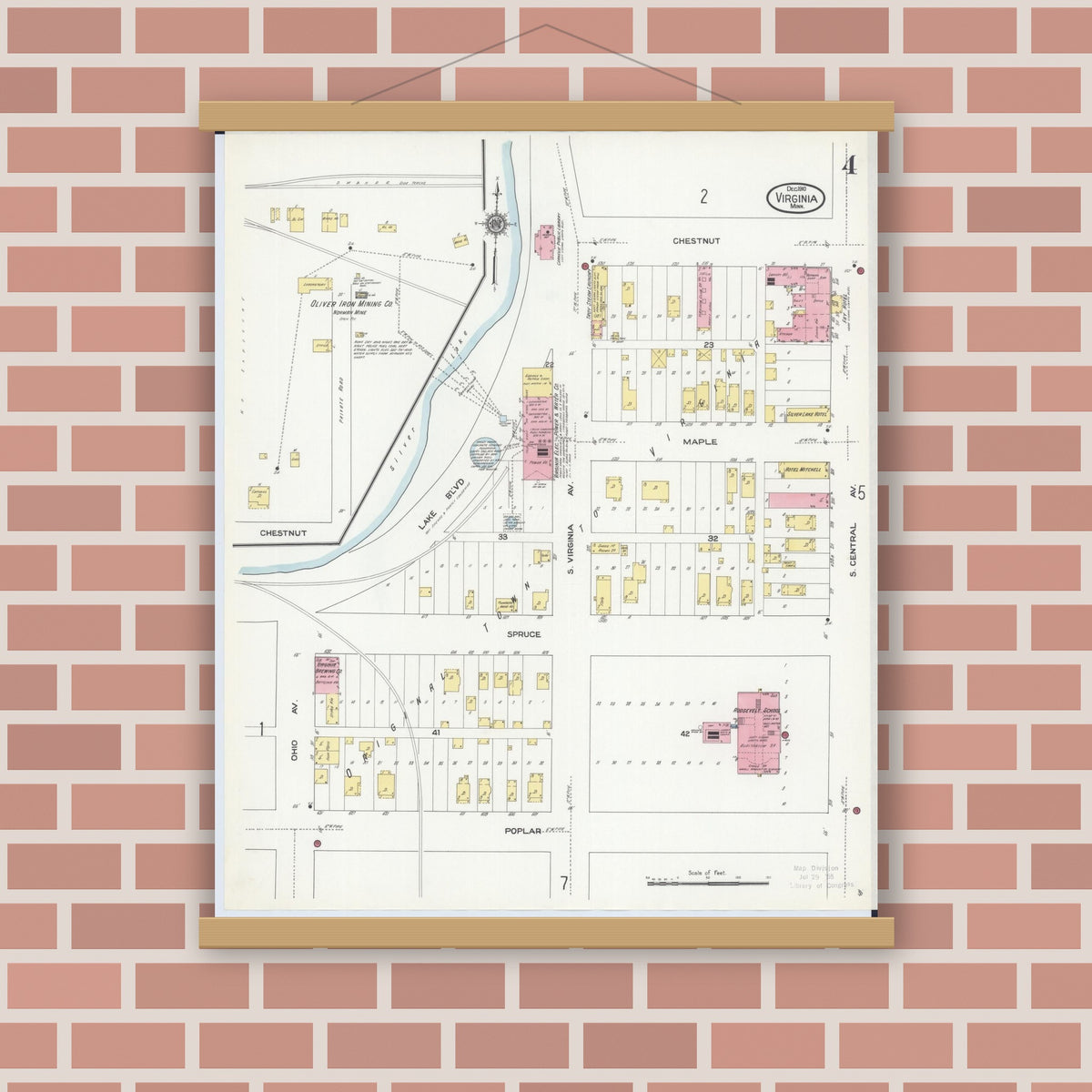 Old map wall art mockup — magnetic wood frame on brick wall — Sanborn Fire Insurance Map from Virginia, Saint Louis County, Minnesota (1910), Sheet #0004