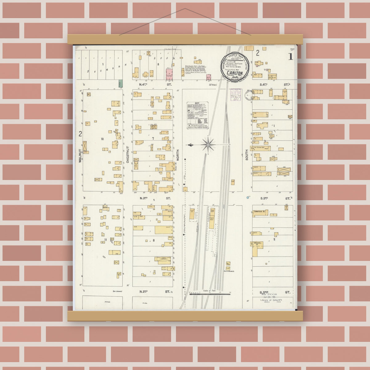 Old map wall art mockup — magnetic wood frame on brick wall — Sanborn Fire Insurance Map from Carlton, Carlton County, Minnesota (1901), Sheet #0001