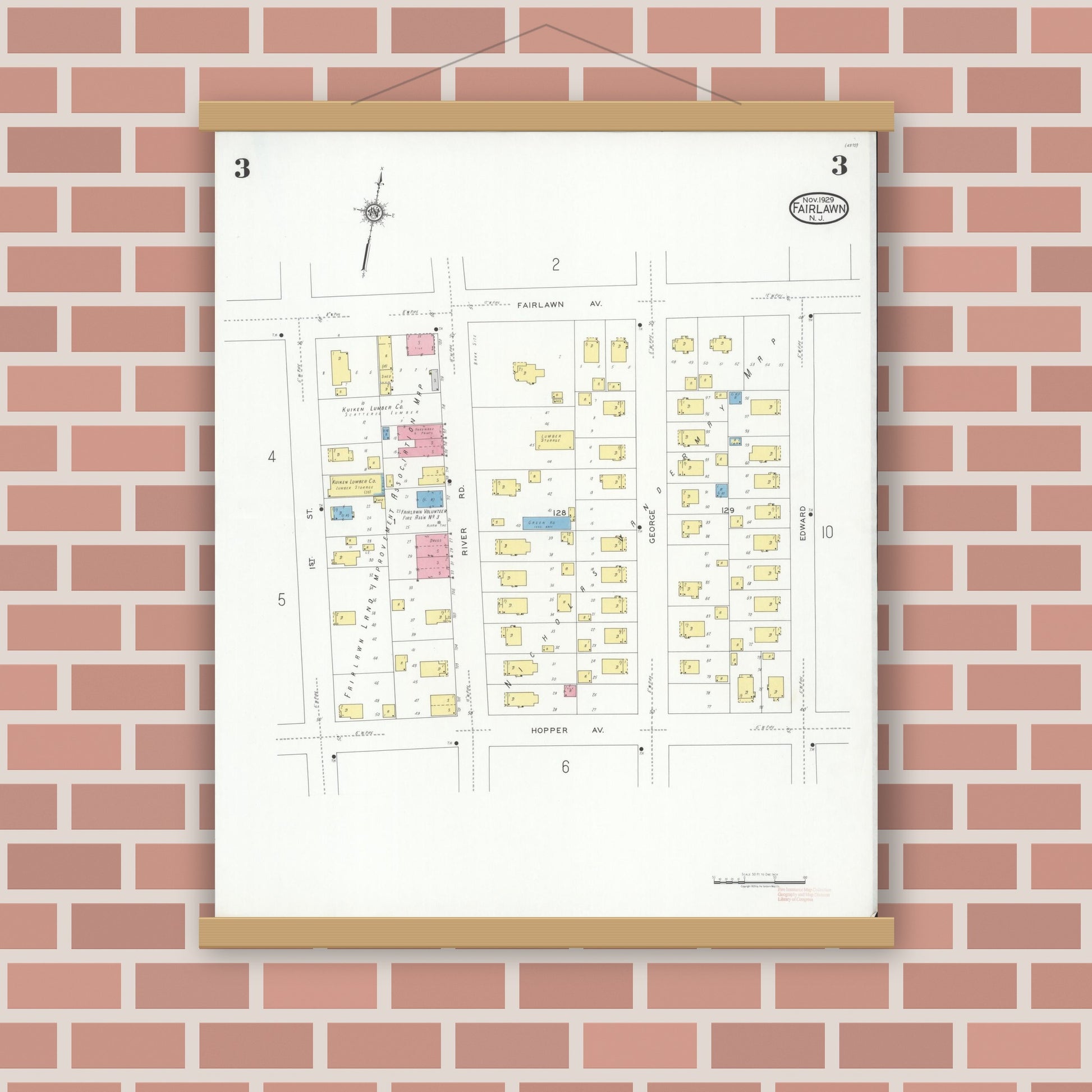 Old map wall art mockup — magnetic wood frame on brick wall — Sanborn Fire Insurance Map from Fair Lawn, Bergen County, New Jersey (1929), Sheet #0003