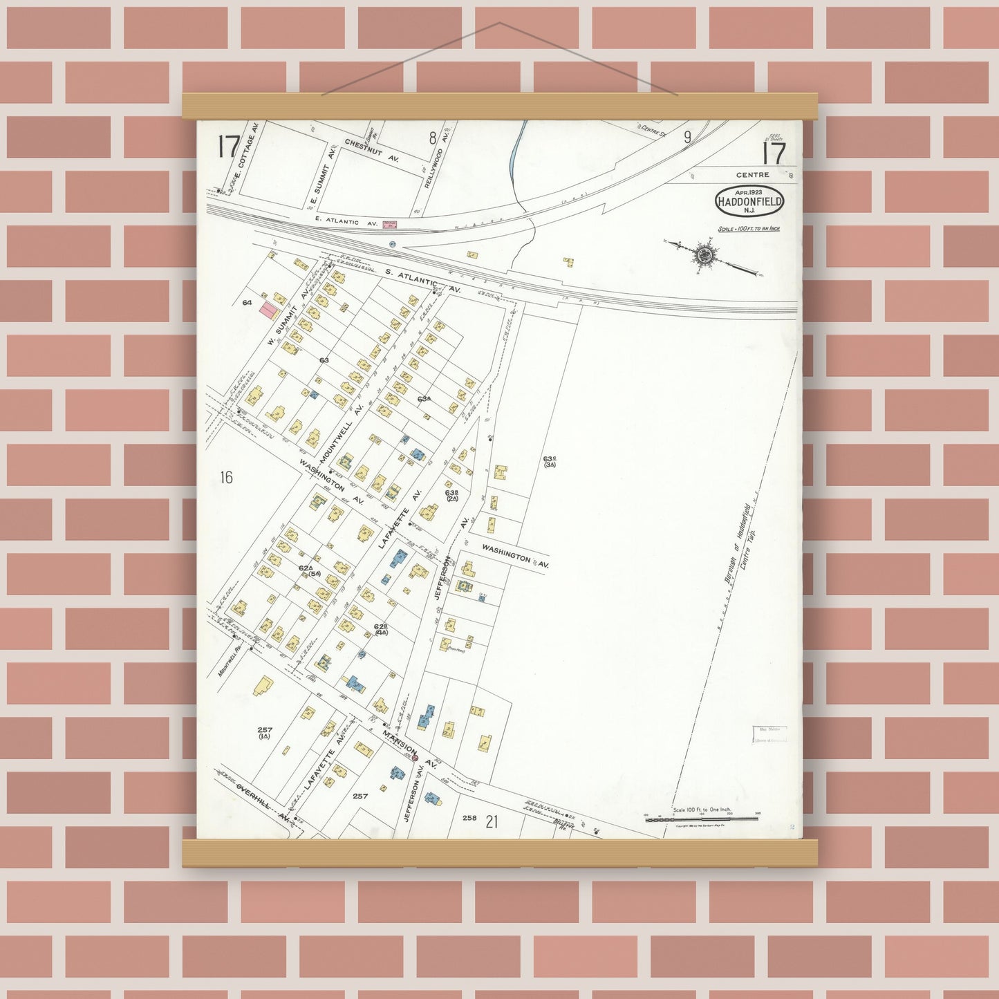Old map wall art mockup — magnetic wood frame on brick wall — Sanborn Fire Insurance Map from Haddonfield, Camden County, New Jersey (1923), Sheet #0017