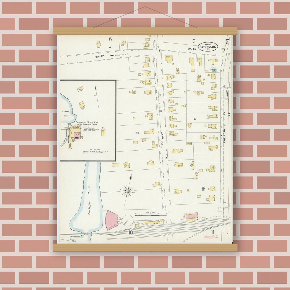 Old map wall art mockup — magnetic wood frame on brick wall — Sanborn Fire Insurance Map from Patchogue, Suffolk County, New York (1897), Sheet #0007