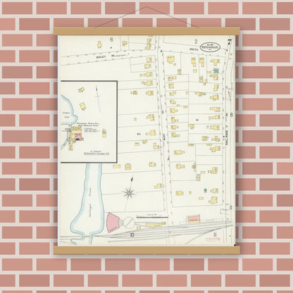 Old map wall art mockup — magnetic wood frame on brick wall — Sanborn Fire Insurance Map from Patchogue, Suffolk County, New York (1897), Sheet #0007
