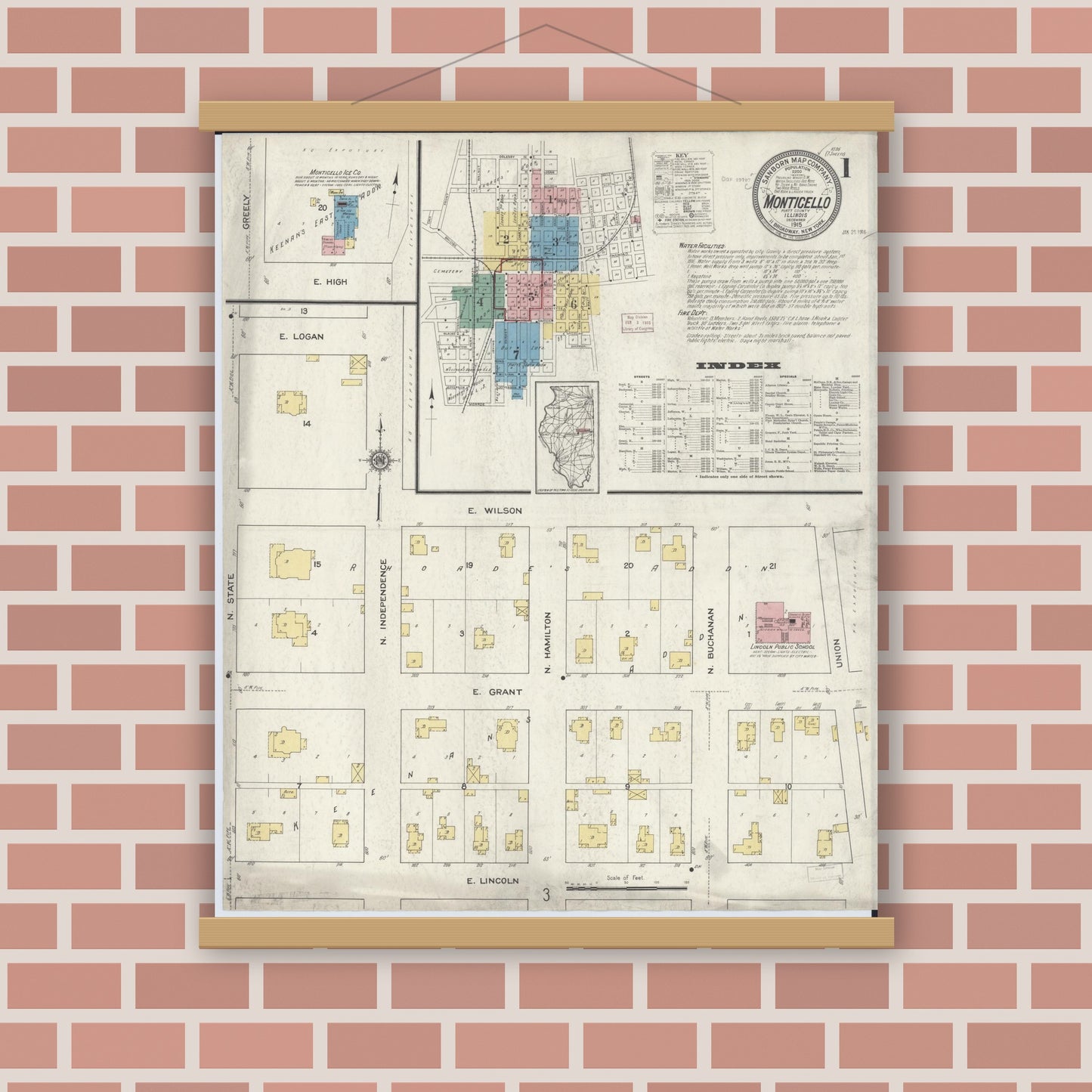 Old map wall art mockup — magnetic wood frame on brick wall — Sanborn Fire Insurance Map from Monticello, Piatt County, Illinois (1915) - Complete Map Set