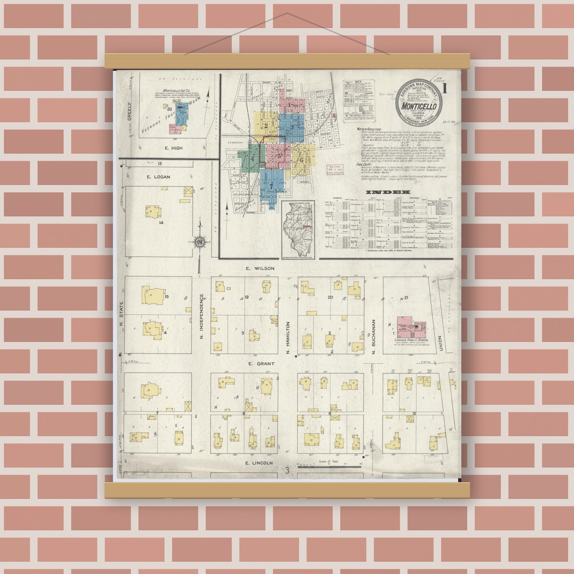 Old map wall art mockup — magnetic wood frame on brick wall — Sanborn Fire Insurance Map from Monticello, Piatt County, Illinois (1915) - Complete Map Set