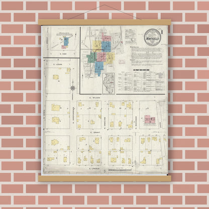 Old map wall art mockup — magnetic wood frame on brick wall — Sanborn Fire Insurance Map from Monticello, Piatt County, Illinois (1915) - Complete Map Set