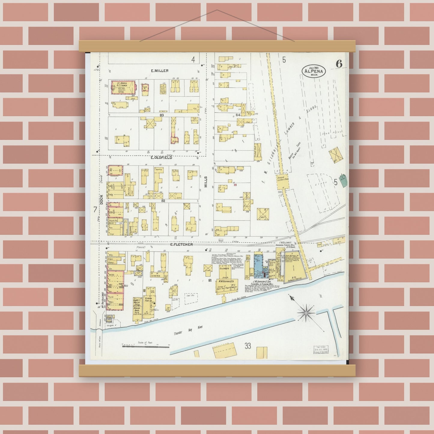 Old map wall art mockup — magnetic wood frame on brick wall — Sanborn Fire Insurance Map from Alpena, Alpena County, Michigan (1901), Sheet #0006