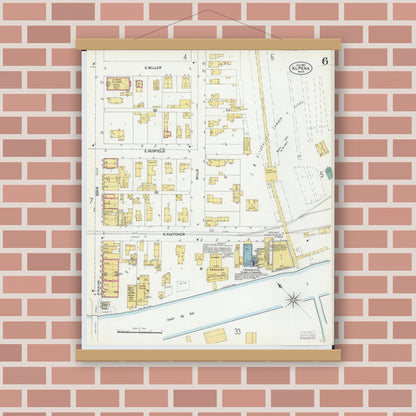 Old map wall art mockup — magnetic wood frame on brick wall — Sanborn Fire Insurance Map from Alpena, Alpena County, Michigan (1901), Sheet #0006
