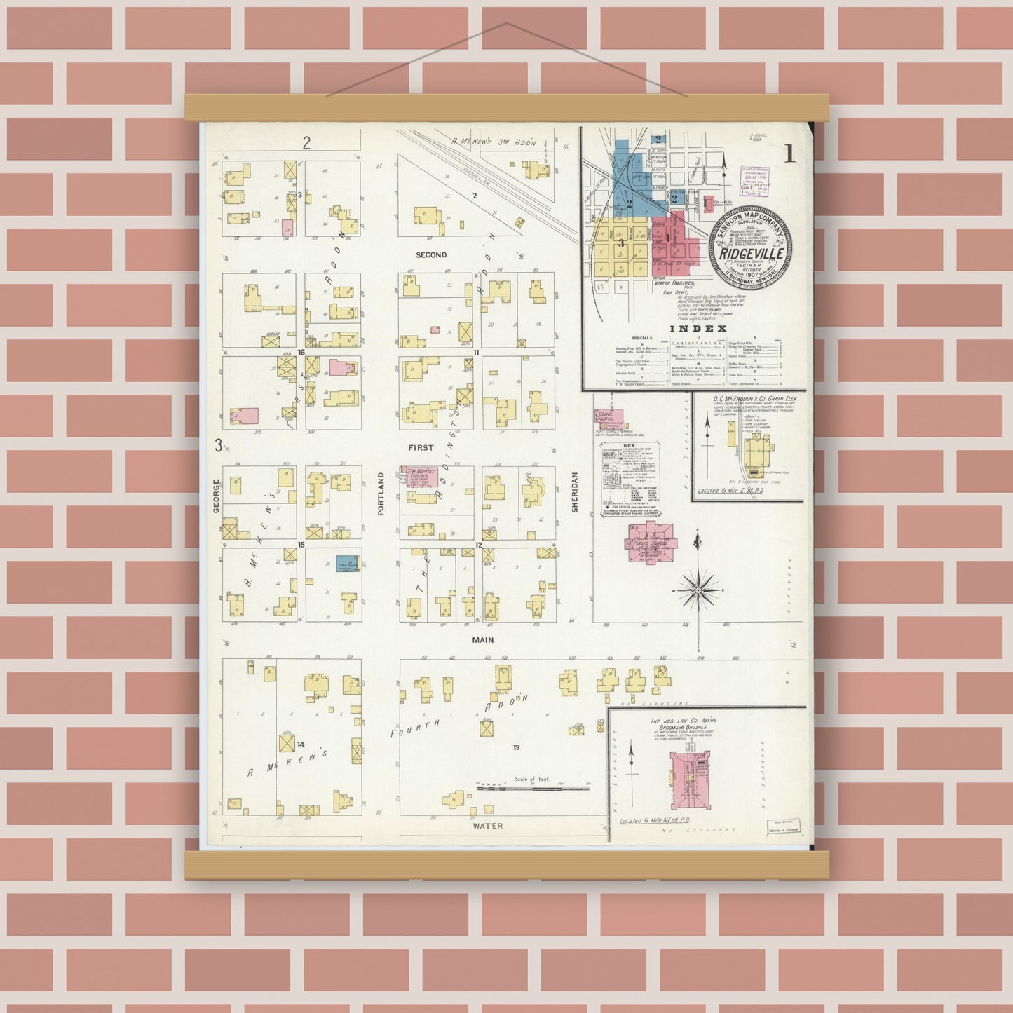 Old map wall art mockup — magnetic wood frame on brick wall — Sanborn Fire Insurance Map from Ridgeville, Randolph County, Indiana (1907) - Complete Map Set
