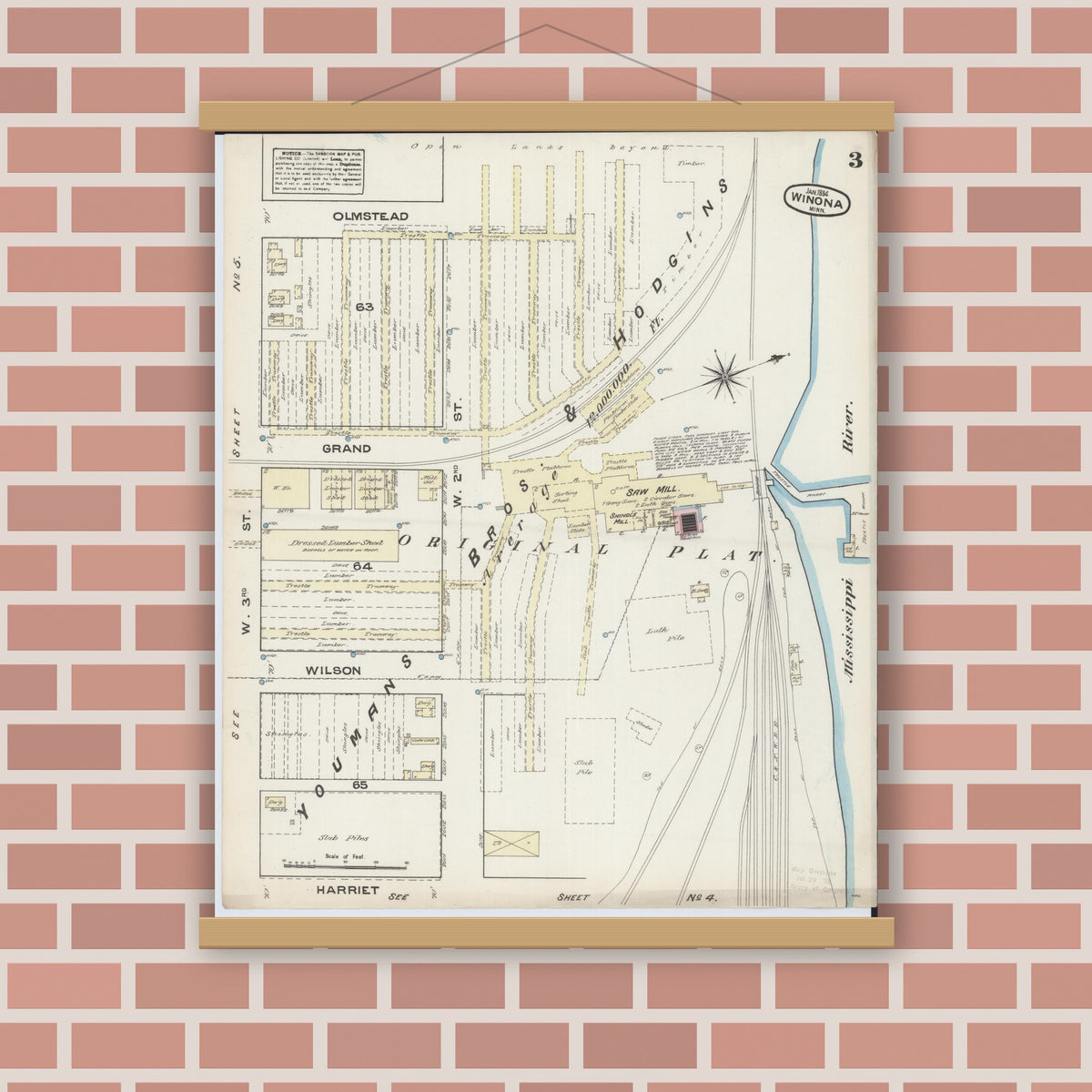 Old map wall art mockup — magnetic wood frame on brick wall — Sanborn Fire Insurance Map from Winona, Winona County, Minnesota (1884), Sheet #0003