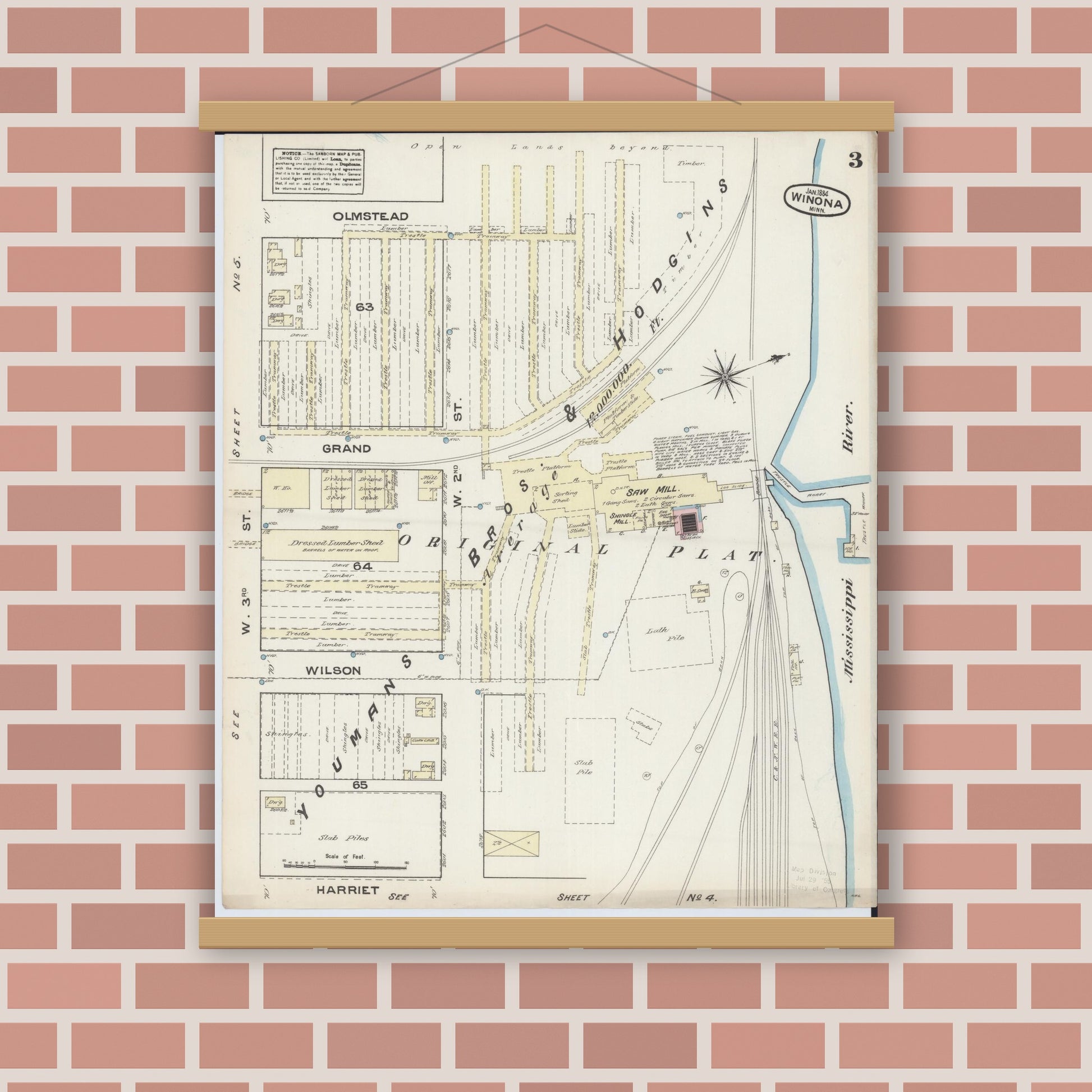 Old map wall art mockup — magnetic wood frame on brick wall — Sanborn Fire Insurance Map from Winona, Winona County, Minnesota (1884), Sheet #0003