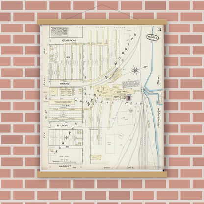Old map wall art mockup — magnetic wood frame on brick wall — Sanborn Fire Insurance Map from Winona, Winona County, Minnesota (1884), Sheet #0003