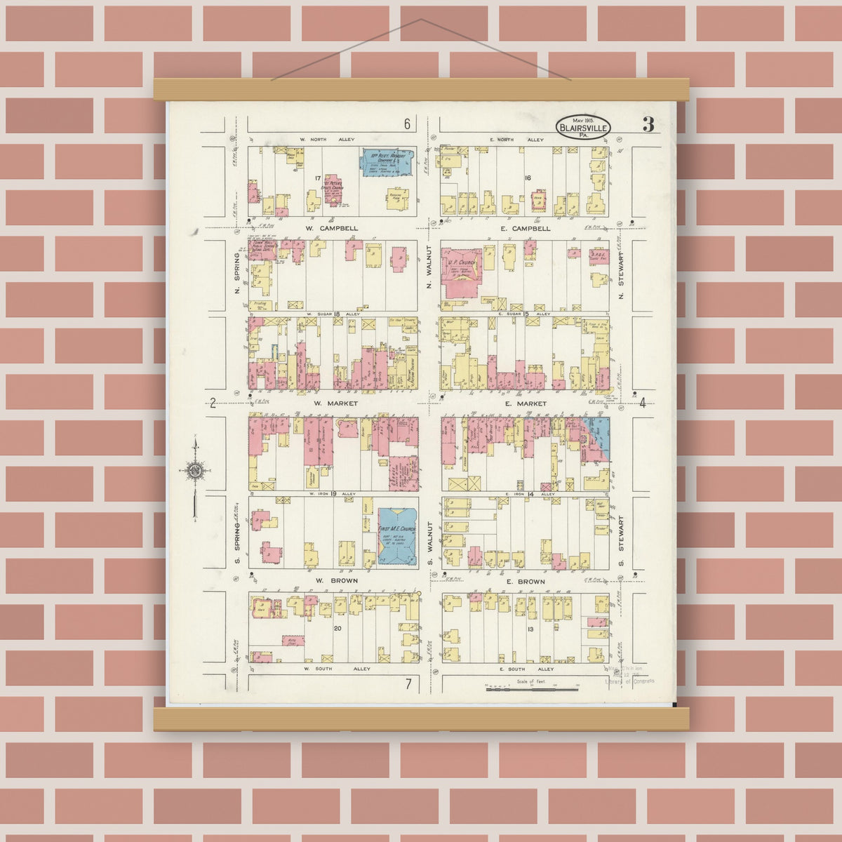 Old map wall art mockup — magnetic wood frame on brick wall — Sanborn Fire Insurance Map from Blairsville, Indiana County, Pennsylvania (1915), Sheet #0003