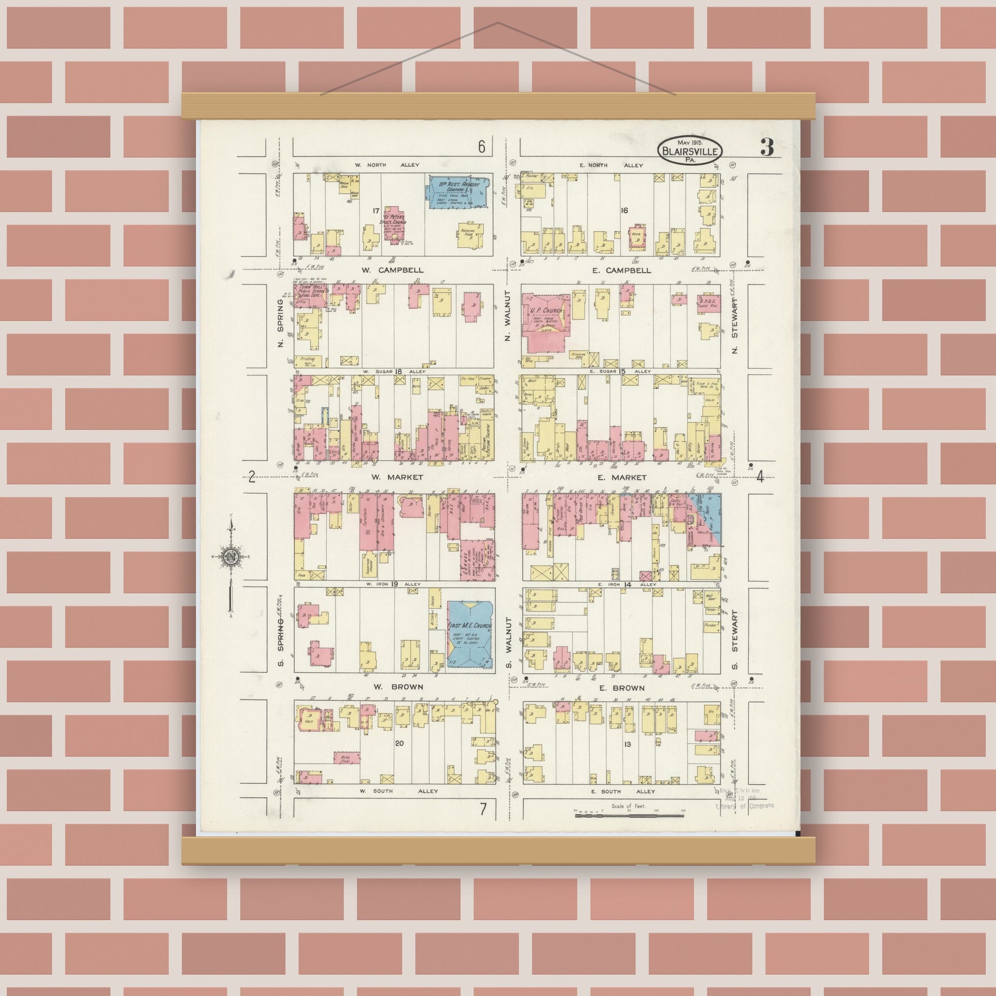 Old map wall art mockup — magnetic wood frame on brick wall — Sanborn Fire Insurance Map from Blairsville, Indiana County, Pennsylvania (1915), Sheet #0003